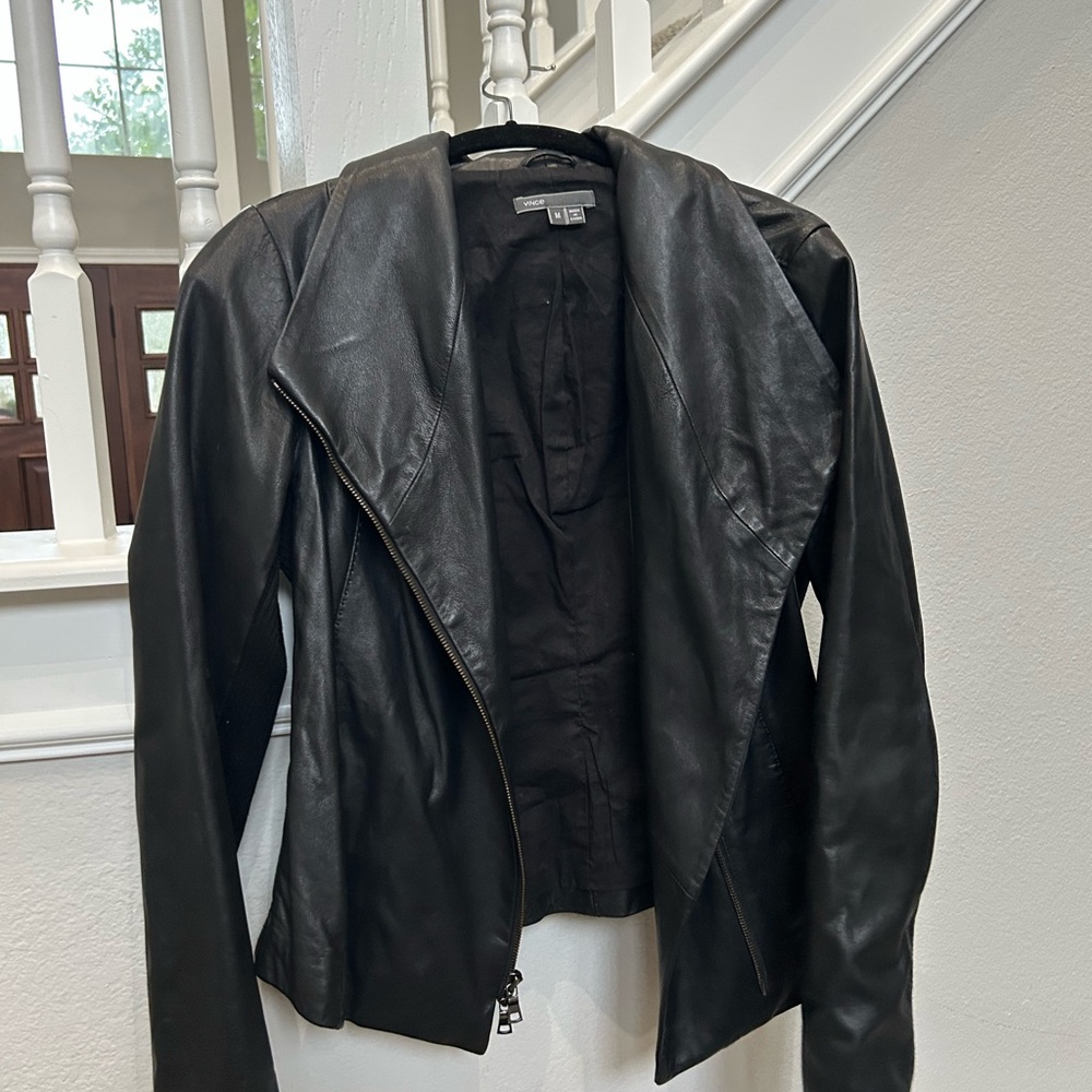 Vince Black Leather Jacket Asymmetrical Design